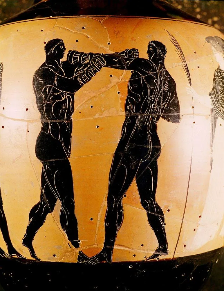 Two figures exchanging punches in a black-figure painting on pottery