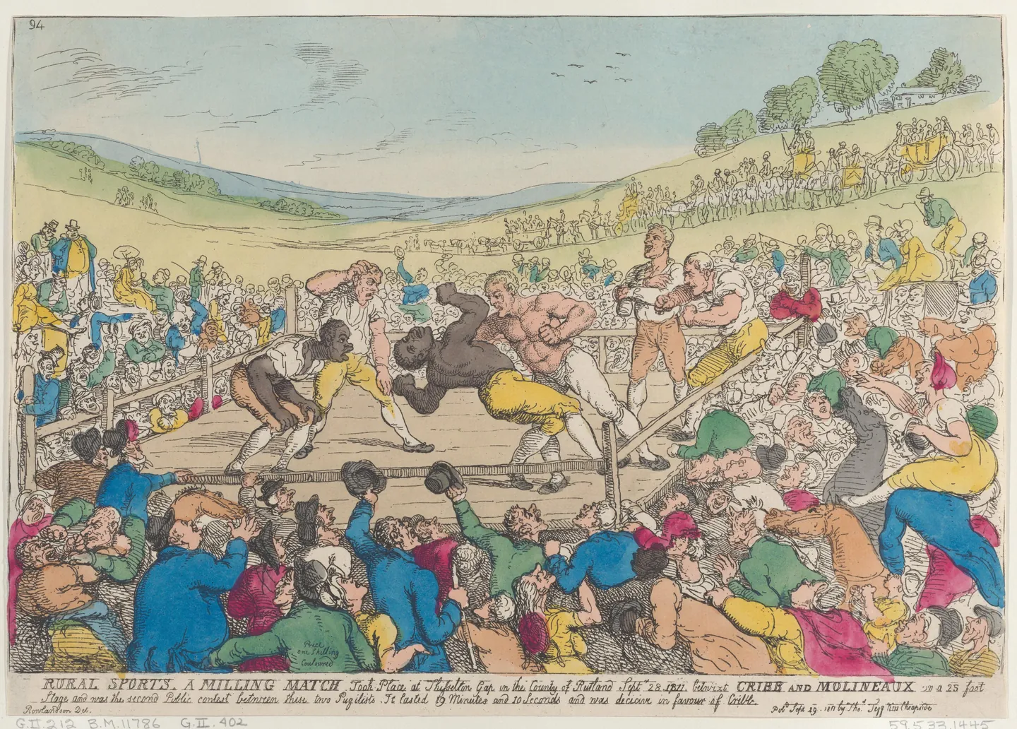 Colored print of a bare-knuckle prizefight in an outdoor ring surrounded by spectators