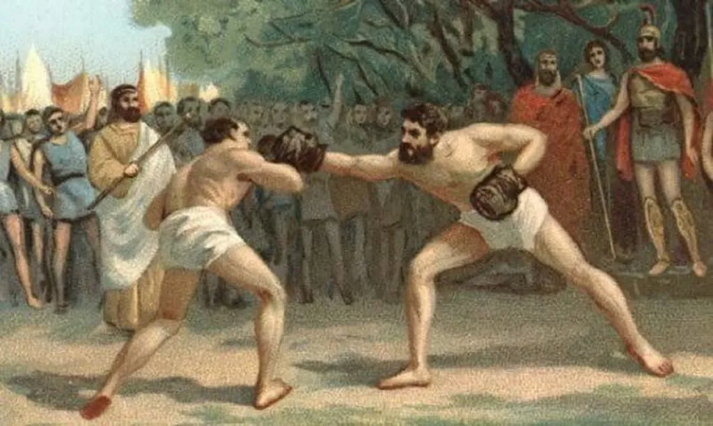 Illustration of two boxers exchanging punches in front of spectators