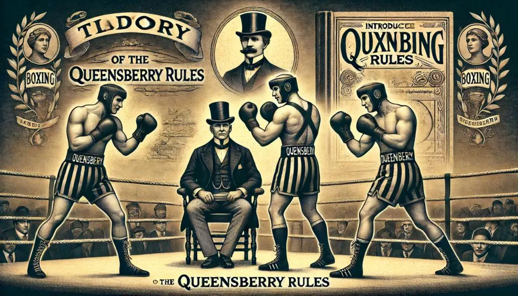 Stylized boxing illustration with gloved fighters and a seated official